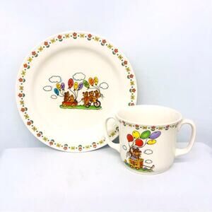 Lefton China New Mommy Double Handle Cup and Saucer Colorful Baby Bears Balloons